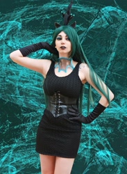 Size: 1404x1920 | Tagged: safe, imported from derpibooru, queen chrysalis, human, bare shoulders, clothes, cosplay, costume, female, gloves, hand on hip, irl, irl human, long gloves, photo, solo