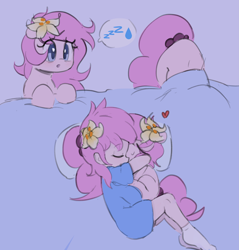 Size: 5563x5829 | Tagged: safe, artist:parfait, imported from ponybooru, oc, oc only, oc:kayla, human, pony, bed, child, clothes, eyes closed, female, filly, flower, flower in hair, foal, heart, hug, hugging a pony, human female, human ponidox, humanized, humanized oc, scrunchie, self ponidox, sleeping, smiling, socks