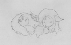 Size: 2261x1432 | Tagged: safe, artist:wapamario63, imported from ponybooru, fluttershy, pegasus, pony, cute, eyes closed, female, lying down, mare, monochrome, shyabetes, sketch, sleeping, smiling, solo, traditional art