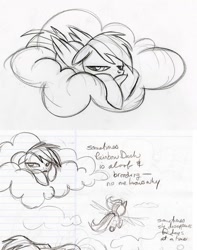 Size: 898x1138 | Tagged: safe, artist:lauren faust, rainbow dash, pegasus, pony, brooding, cloud, female, flying, lined paper, mare, monochrome, traditional art