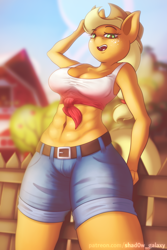 Size: 800x1200 | Tagged: safe, artist:shad0w-galaxy, imported from derpibooru, applejack, anthro, earth pony, abs, applebucking thighs, applejack's hat, belly button, belt, big breasts, breasts, busty applejack, clothes, cowboy hat, farm, female, fence, freckles, front knot midriff, hat, jeans, looking at you, mare, midriff, muscles, muscular female, open mouth, pants, sexy, shirt, shorts, smiling, solo, t-shirt, thighs, thunder thighs