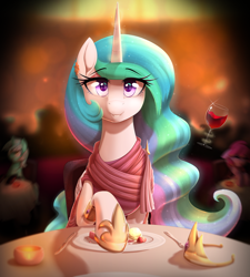 Size: 2700x3000 | Tagged: safe, artist:thebatfang, imported from derpibooru, berry punch, berryshine, lyra heartstrings, princess celestia, alicorn, earth pony, pony, unicorn, alcohol, cake, clothes, crown, cute, cutelestia, date, dinner, dress, eye clipping through hair, eye reflection, eyebrows, eyebrows visible through hair, female, food, glass, glowing, glowing horn, grin, high res, horn, jewelry, levitation, looking at you, magic, magic aura, mare, offscreen character, pov, red wine, reflection, regalia, restaurant, smiling, smiling at you, telekinesis, wine, wine glass