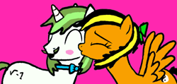 Size: 752x357 | Tagged: safe, artist:lekonar13, imported from derpibooru, oc, oc only, oc:lekonar, oc:minty root, pegasus, pony, unicorn, bow, bowtie, duo, hair bow, kissing, rule 63