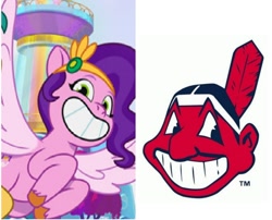 Size: 1496x1208 | Tagged: safe, edit, imported from derpibooru, pipp petals, pegasus, pony, chief wahoo, cleveland indians, comparison, g5, laughing, mlb, my little pony: tell your tale, op is a duck, op is trying to start shit, separated at birth