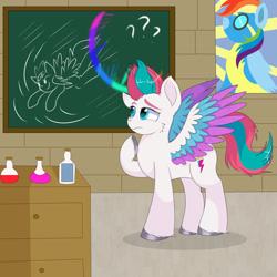 Size: 1920x1921 | Tagged: safe, artist:rainbowtashie, imported from derpibooru, rainbow dash, zipp storm, pegasus, pony, chalkboard, commission, female, g5, hoof on chin, mare, my little pony: a new generation, puzzled, question mark, solo, sonic rainboom, spread wings, thinking, wings, wonderbolts poster