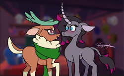 Size: 1024x636 | Tagged: safe, artist:ma5teroftheuniv3rse, imported from derpibooru, cashmere (tfh), deer, reindeer, unicorn, them's fightin' herds, blushing, cap'n'cash's, cashleander, clothes, coat markings, community related, curved horn, facial markings, female, flirting, glasses, heart eyes, horn, lesbian, not sure if want, oleander (tfh), scarf, shipping, star (coat marking), wingding eyes