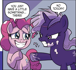 Size: 579x533 | Tagged: safe, idw, imported from derpibooru, pinkie pie, earth pony, pony, angry, comic, cropped, grin, my little pony: generations, nervous, nervous grin, smiling, speech bubble, violet shiver