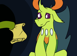 Size: 770x568 | Tagged: safe, artist:str8aura-draws-horses-and-stuff, imported from derpibooru, ocellus, thorax, changedling, changeling, twilight sparkle's secret shipfic folder, holding, king thorax, offscreen character, scroll, throne