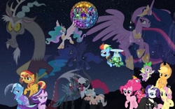 Size: 1080x675 | Tagged: safe, edit, imported from derpibooru, vector edit, adagio dazzle, applejack, aria blaze, cozy glow, discord, fluttershy, lord tirek, pinkie pie, princess celestia, princess luna, queen chrysalis, rainbow dash, rarity, sonata dusk, spike, starlight glimmer, sunset shimmer, tank, trixie, twilight sparkle, alicorn, centaur, changeling, changeling queen, draconequus, dragon, earth pony, pegasus, pony, taur, tortoise, unicorn, equestria girls, the last problem, clothes, crown, disguise, disguised siren, dive to the heart, dress, female, filly, foal, jewelry, mane seven, mane six, older, older twilight, princess twilight 2.0, regalia, stars, twilight sparkle (alicorn), vector, wallpaper