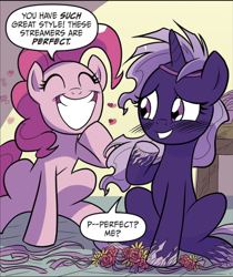 Size: 642x763 | Tagged: safe, idw, imported from derpibooru, pinkie pie, earth pony, pony, unicorn, ^^, big grin, blushing, comic, dialogue, duo, duo female, eyes closed, female, grin, horn, mare, my little pony: generations, palindrome get, smiling, speech bubble, violet shiver