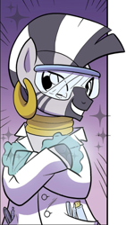 Size: 404x718 | Tagged: safe, idw, imported from derpibooru, zecora, zebra, clothes, comic, cropped, goggles, lab coat, magic, my little pony: generations, safety goggles, smiling, solo