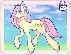 Size: 4500x3500 | Tagged: safe, artist:nightraven393, imported from derpibooru, oc, oc only, earth pony, pony, cloud, colored pupils, cute, day, ear fluff, eyebrows, eyebrows visible through hair, eyelashes, female, full body, grass, high res, looking at you, mare, nature, nightraven393, not fluttershy, open mouth, open smile, outdoors, signature, sky, smiling, smiling at you, solo, unshorn fetlocks, wingding eyes