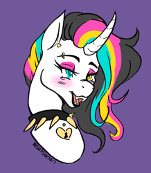 Size: 2216x2536 | Tagged: safe, artist:liechisenshi, imported from derpibooru, oc, oc only, oc:printer jam, pony, unicorn, bust, collar, curved horn, eyeshadow, fangs, female, heterochromia, high res, horn, lidded eyes, makeup, mare, open mouth, purple background, scene, signature, simple background, solo, spiked collar, unicorn oc