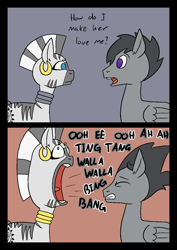 Size: 1000x1414 | Tagged: safe, artist:happy harvey, imported from derpibooru, zecora, pegasus, pony, zebra, 2 panel comic, cartoon physics, cartoons (band), colored pupils, comic, drawthread, ear piercing, earring, female, jewelry, loud, male, mare, meme, neck rings, open mouth, phone drawing, piercing, song reference, stallion, witch doctor (song)