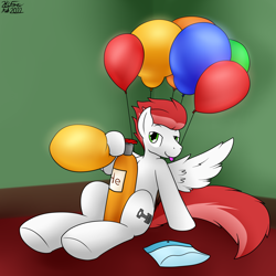 Size: 2556x2560 | Tagged: safe, artist:the-furry-railfan, imported from derpibooru, oc, oc only, oc:swift apex, pegasus, pony, balloon, balloon package, blowing up balloons, helium tank, inflation, looking at you, male, sitting, spread wings, stallion, sultry pose, tongue out, wings