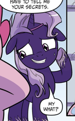 Size: 335x540 | Tagged: safe, idw, imported from derpibooru, pony, comic, cropped, floppy ears, grin, my little pony: generations, nervous, nervous grin, offscreen character, smiling, solo focus, speech bubble, sweat, violet shiver