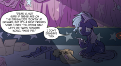 Size: 1014x552 | Tagged: safe, idw, imported from derpibooru, pony, unicorn, clothes, comic, cropped, crying, floppy ears, guilty, my little pony: generations, sad, shirt, sitting, solo, speech bubble, teary eyes, violet shiver