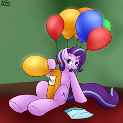 Size: 2556x2560 | Tagged: safe, artist:the-furry-railfan, imported from derpibooru, starlight glimmer, pony, unicorn, balloon, balloon package, blowing up balloons, female, grin, helium tank, inflation, looking at you, mare, sitting, smiling, starlooner glimmer, sultry pose