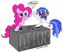 Size: 658x544 | Tagged: safe, artist:scootaloormayfly, imported from derpibooru, dj pon-3, pinkie pie, vinyl scratch, earth pony, pony, unicorn, blue hair, duo, glasses, headphones, signature, simple background, smiling, speech bubble, text, transparent background