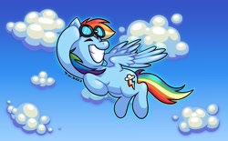 Size: 1172x725 | Tagged: safe, artist:beefgummies, imported from derpibooru, rainbow dash, pegasus, pony, blue sky, cloud, cute, dashabetes, eyes closed, female, flapping wings, flying, goggles, grin, outline, smiling, solo, teeth, windswept mane, wings