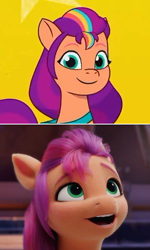 Size: 344x572 | Tagged: safe, edit, edited screencap, imported from derpibooru, screencap, sunny starscout, earth pony, pony, spoiler:my little pony: a new generation, 2d, 3d, awe, cgi, g5, happy, looking at you, looking up, mane stripe sunny, meme, multicolored hair, my little pony: a new generation, my little pony: tell your tale, opinion, reaction, smiling, smiling at you