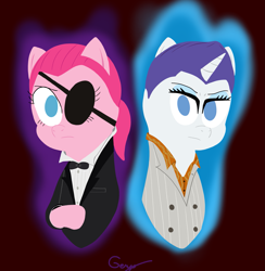 Size: 2035x2081 | Tagged: safe, artist:realgero, imported from derpibooru, pinkie pie, rarity, earth pony, pony, unicorn, aura, bowtie, clothes, cosplay, costume, crossover, duo, duo female, eyepatch, female, goro majima, kazuma kiryu, ponytail, ryu ga gotoku, short hair, suit, yakuza, yakuza 0