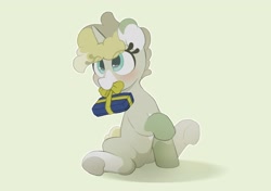 Size: 2064x1457 | Tagged: safe, artist:mochi_nation, imported from derpibooru, oc, oc only, oc:flannel tea, pony, unicorn, blushing, coat markings, female, green background, mare, mouth hold, present, simple background, sitting, solo