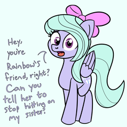 Size: 2000x2000 | Tagged: safe, artist:dafiltafish, imported from derpibooru, flitter, pegasus, pony, bow, dialogue, female, hair bow, implied cloudchaser, implied lesbian, implied rainbow dash, looking at you, mare, simple background, talking to viewer, text