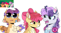 Size: 3745x2048 | Tagged: safe, artist:moccabliss, imported from derpibooru, apple bloom, scootaloo, sweetie belle, earth pony, pegasus, pony, unicorn, alternate design, bandaid, bandaid on nose, bandana, body freckles, bow, bust, chest fluff, coat markings, colored horn, colored wings, cutie mark crusaders, different colored horn, ear fluff, ear piercing, eye clipping through hair, eyebrows, eyebrows visible through hair, face markings, fangs, female, filly, floppy ears, freckles, gasp, headphones, heart ears, horn, looking at each other, looking at something, looking up, multicolored wings, nose wrinkle, open mouth, pale belly, piercing, pride flag, redesign, scene interpretation, screencap reference, simple background, spread wings, trio, white background, wings, wrong eye color