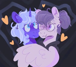 Size: 2048x1782 | Tagged: safe, artist:pastacrylic, imported from derpibooru, oc, oc:can opener, oc:vylet, pegasus, pony, unicorn, ear fluff, eyes open, glasses, horn, hug, one eye closed, smiling, wings