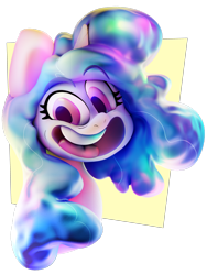 Size: 3078x4093 | Tagged: safe, artist:extradan, imported from derpibooru, izzy moonbow, pony, unicorn, bust, g5, looking at you, my little pony: tell your tale, open mouth, open smile, simple background, smiling, solo, transparent background