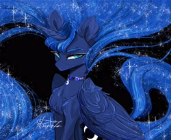 Size: 3900x3200 | Tagged: safe, artist:livitoza, imported from derpibooru, princess luna, alicorn, pony, beautiful, black background, chest fluff, choker, collar, cyrillic, folded wings, long mane, long tail, looking at you, russian, simple background, solo, sparkles, sparkly mane, sparkly tail, tail, translation, wings