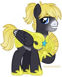 Size: 973x1200 | Tagged: safe, artist:jennieoo, imported from derpibooru, oc, oc:crashing thunder, pegasus, pony, armor, happy, helmet, looking at you, male, ponytail, royal guard, show accurate, simple background, smiling, smiling at you, solo, stallion, transparent background, vector