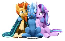 Size: 3150x1989 | Tagged: safe, artist:raphaeldavid, imported from derpibooru, starlight glimmer, sunburst, trixie, pony, unicorn, bisexual, female, frown, hug, lesbian, lidded eyes, male, one eye closed, polyamory, shipping, simple background, smiling, starburst, startrix, startrixburst, straight, trio, trixburst, white background