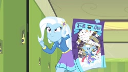 Size: 1280x720 | Tagged: safe, imported from derpibooru, screencap, trixie, equestria girls, equestria girls series, forgotten friendship, clothes, female, lockers, poster, solo