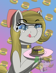 Size: 800x1040 | Tagged: safe, artist:gray star, derpibooru exclusive, imported from derpibooru, oc, oc only, oc:gray star, bow, burger, choker, food, glasses, hair bow, hay burger, simple background