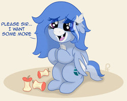 Size: 2415x1920 | Tagged: safe, artist:doodledonutart, imported from derpibooru, oc, oc only, oc:river tailwind, bat pony, pony, apple, apple core, cute, fangs, food, ocbetes, puppy dog eyes, solo, weapons-grade cute