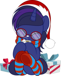 Size: 4021x5000 | Tagged: safe, artist:jhayarr23, imported from derpibooru, oc, oc only, oc:shadow twinkle, pony, unicorn, christmas, clothes, commission, cute, glasses, hat, holiday, present, round glasses, santa hat, scarf, simple background, socks, solo, stockings, striped scarf, striped socks, thigh highs, transparent background, ych result