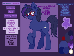 Size: 4608x3456 | Tagged: safe, artist:dreamy990, imported from derpibooru, oc, oc only, oc:shadow twinkle, pony, unicorn, chest fluff, glasses, horn, male, reference sheet, round glasses, solo, unicorn oc