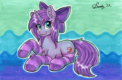 Size: 2684x1759 | Tagged: safe, artist:dandy, imported from derpibooru, oc, oc only, oc:seafood dinner, pony, unicorn, :3, bow, chest fluff, clothes, copic, ear fluff, female, hair bow, horn, looking at you, lying down, socks, solo, stockings, striped socks, thigh highs, traditional art, unicorn oc