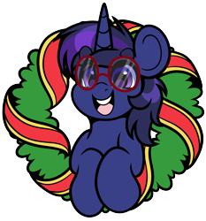 Size: 3553x3817 | Tagged: safe, artist:partylikeanartist, imported from derpibooru, oc, oc only, oc:shadow twinkle, pony, unicorn, christmas, christmas wreath, commission, glasses, holiday, male, open mouth, open smile, round glasses, simple background, smiling, solo, transparent background, wreath, ych result