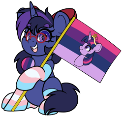 Size: 4000x3777 | Tagged: safe, artist:partylikeanartist, imported from derpibooru, twilight sparkle, oc, oc:shadow twinkle, pony, unicorn, big crown thingy, bow, clothes, commission, element of magic, female, flag, glasses, hair bow, jewelry, open mouth, open smile, regalia, simple background, smiling, socks, solo, stockings, striped socks, thigh highs, trans female, transgender, transparent background, ych result