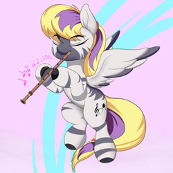 Size: 1280x1280 | Tagged: safe, artist:joaothejohn, imported from derpibooru, oc, oc only, oc:mezzo piano, zebra, cute, eyes closed, flute, flying, music notes, musical instrument, simple background, solo, wings, zebra oc