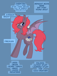 Size: 3456x4608 | Tagged: safe, artist:dreamy990, imported from derpibooru, oc, oc only, oc:midnight moon, bat pony, pony, freckles, reference sheet, solo