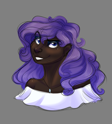 Size: 1000x1100 | Tagged: safe, artist:uunicornicc, imported from derpibooru, rarity, human, alternate hairstyle, clothes, dark skin, eyeshadow, februpony, female, gray background, grin, humanized, jewelry, makeup, necklace, shirt, simple background, smiling, solo