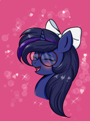 Size: 1627x2183 | Tagged: safe, artist:dreamy990, imported from derpibooru, oc, oc only, oc:shadow twinkle, pony, unicorn, blushing, bow, bust, cute, eyes closed, female, glasses, hair bow, mare, portrait, round glasses, smiling, solo, trans female, transgender