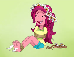 Size: 3300x2550 | Tagged: safe, artist:bageloftime, imported from derpibooru, gloriosa daisy, equestria girls, arm behind back, barefoot, bondage, clothes, eyes closed, feather, feet, fetish, floral head wreath, flower, foot fetish, foot focus, laughing, open mouth, rope, rope bondage, sandals, shoes, simple background, soles, tickling, tied up