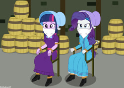 Size: 1057x756 | Tagged: safe, artist:robukun, imported from derpibooru, rarity, twilight sparkle, equestria girls, barrel, basement, bondage, chair, cloth gag, clothes, gag, help us, long dress, long skirt, skirt, tied up