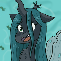 Size: 1280x1280 | Tagged: safe, artist:lolettecore, imported from derpibooru, queen chrysalis, changeling, changeling queen, bust, chest fluff, chibi, cute, female, green eyes, mare, redraw, smiling, solo