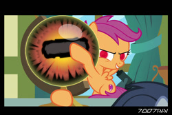 Size: 1288x858 | Tagged: safe, edit, edited screencap, editor:teren rogriss, imported from derpibooru, screencap, scootaloo, shady daze, pegasus, pony, the last crusade, bipedal, crystal ball, female, filly, foal, glowing, glowing eyes, grogar's orb, microscope, narrowed eyes, possessed